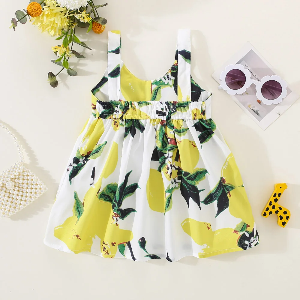 Summer girls dress children\'s sleeveless lemon print bow European and American style suspender dress