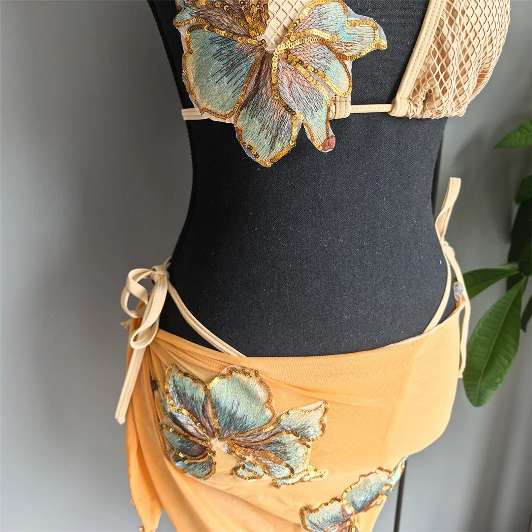 Mit Sarong-Blumenmuster, Neckholder-Bikini, Damen-Badebekleidung, dreiteiliges Bikini-Set, Badeanzug, Badebekleidung, Schwimmbekleidung V7286 – Detail 6