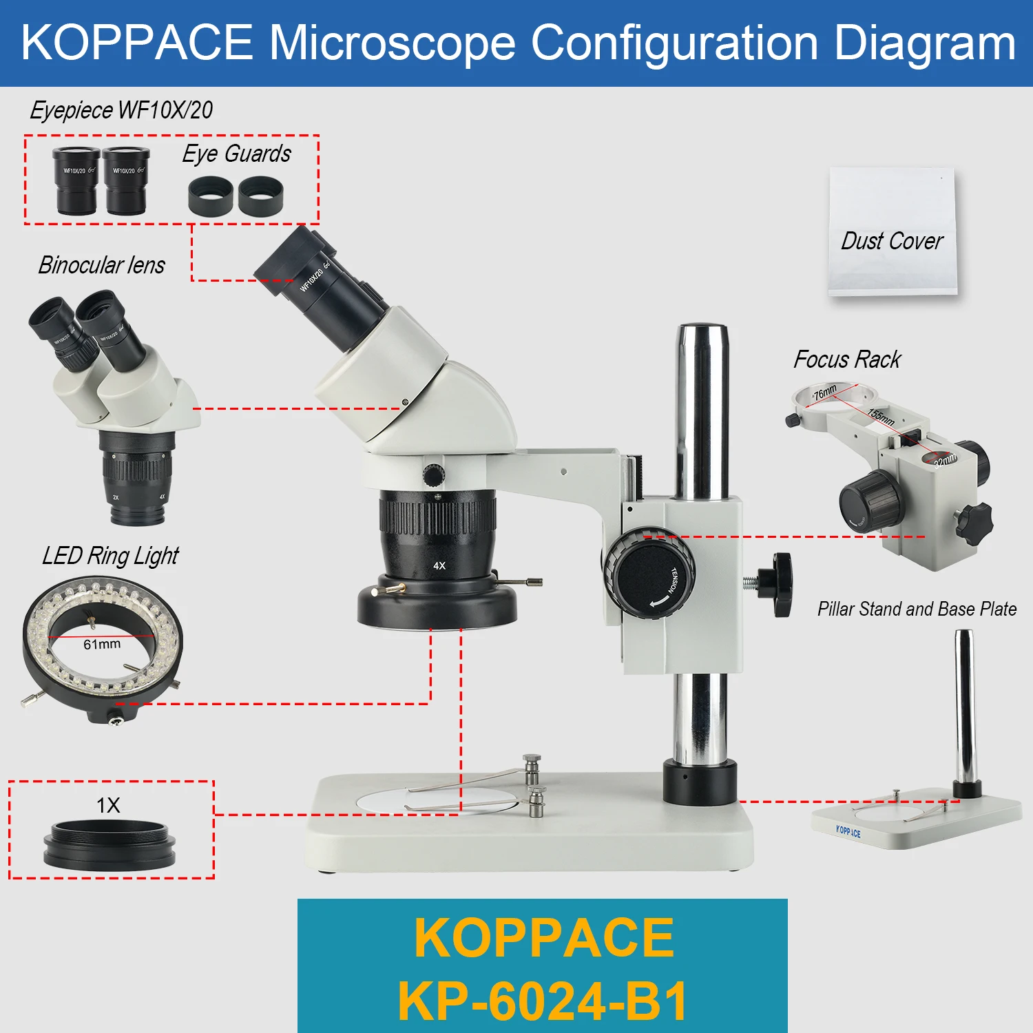 Бинокулярный стереомикроскоп KOPPACE 20X-40X WF10X/20, окуляр 1X, маслостойкое зеркало