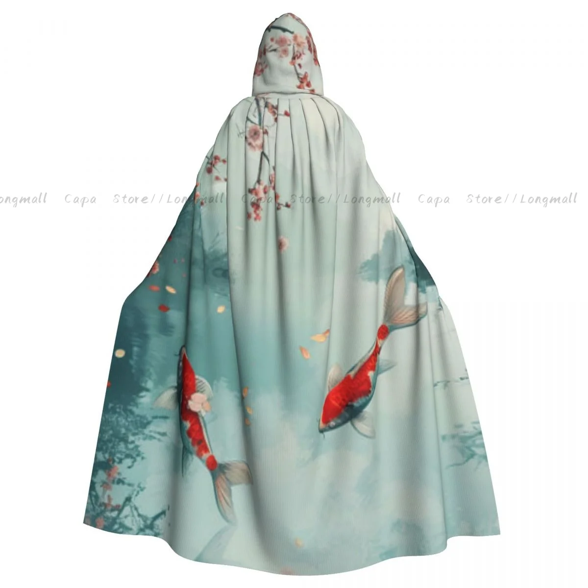 Adult Halloween Koi Fish In The Pond With Cherry Blossom Cloak Cape Hooded Medieval Costume Full Length Dress Coat