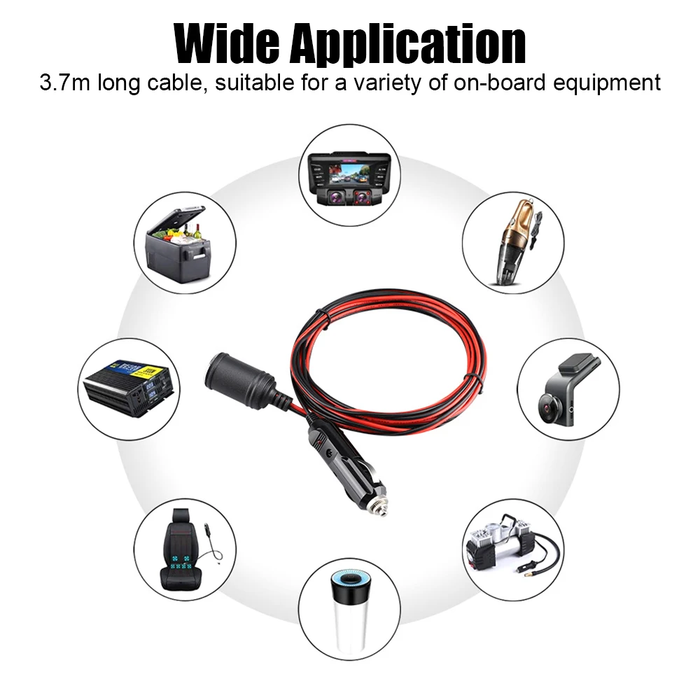 Car Cigarette Lighter Extension Cord Car Splitter Charger Cable 3.7M With 15A  Fuse Socket Plug Auto Accessories 12V 24V