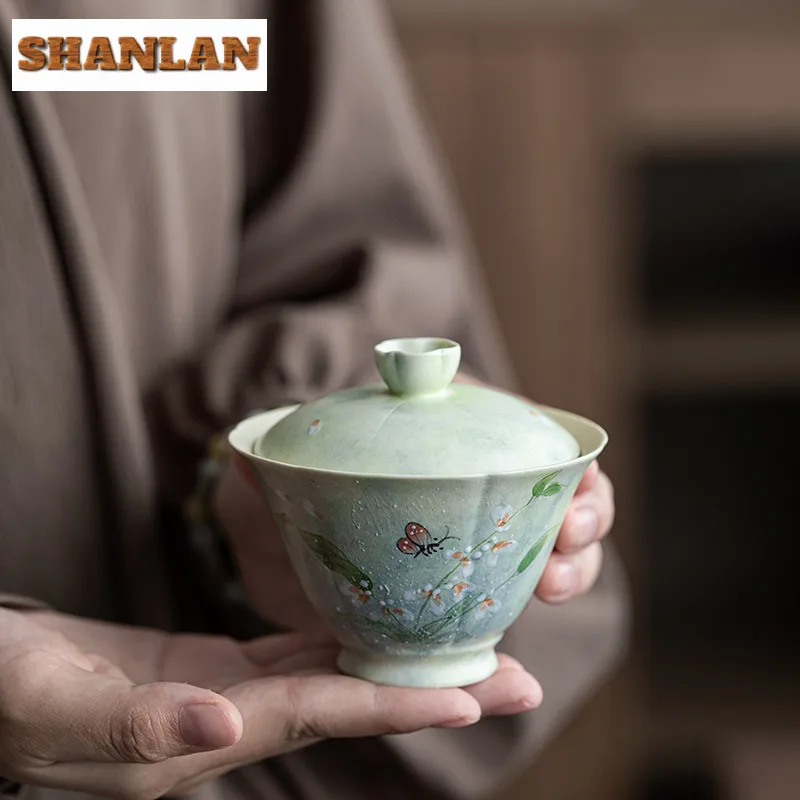 

90ml Hand Drawn Orchid Gaiwan Aesthetic Tea Tureen Household Tea Bowl With Lid Kit Tea Maker Cover Bowl Cha Collection Supplies