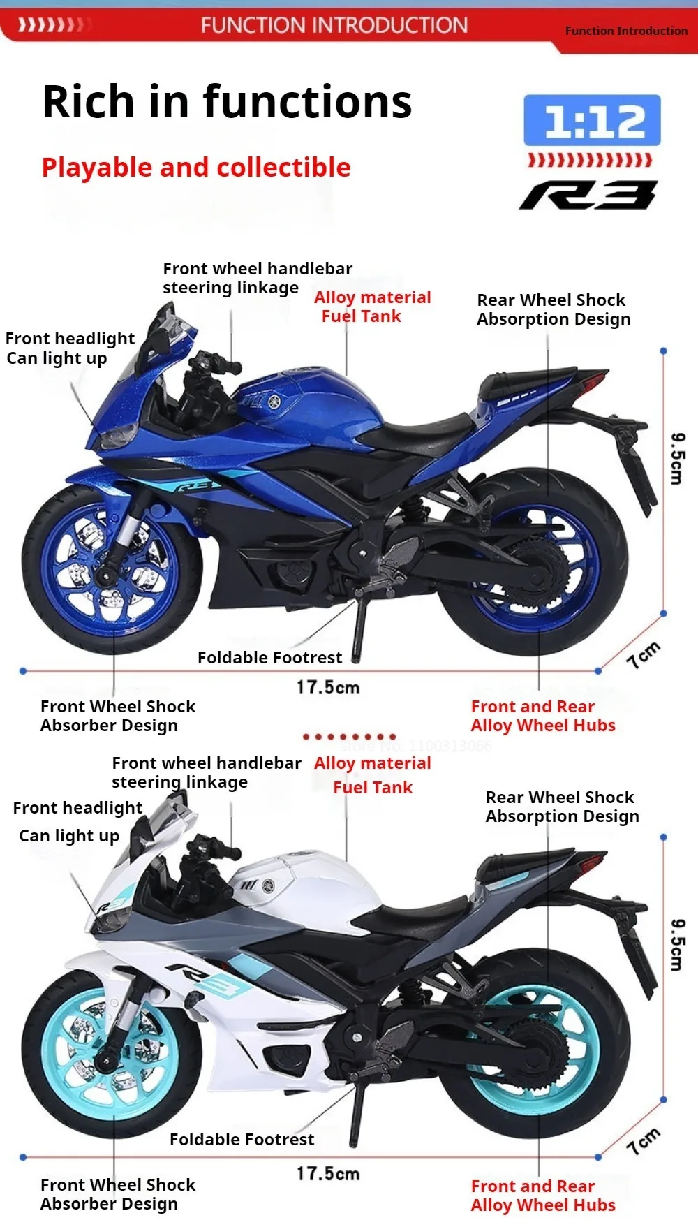 1:12 Legierung R1 R3 Motorradmodelle Spielzeug Legierungsautos Lenkbare Räder Miniatur-Motorrad mit Licht und Sound Fahrzeuge Tischdekoration – Detail 10