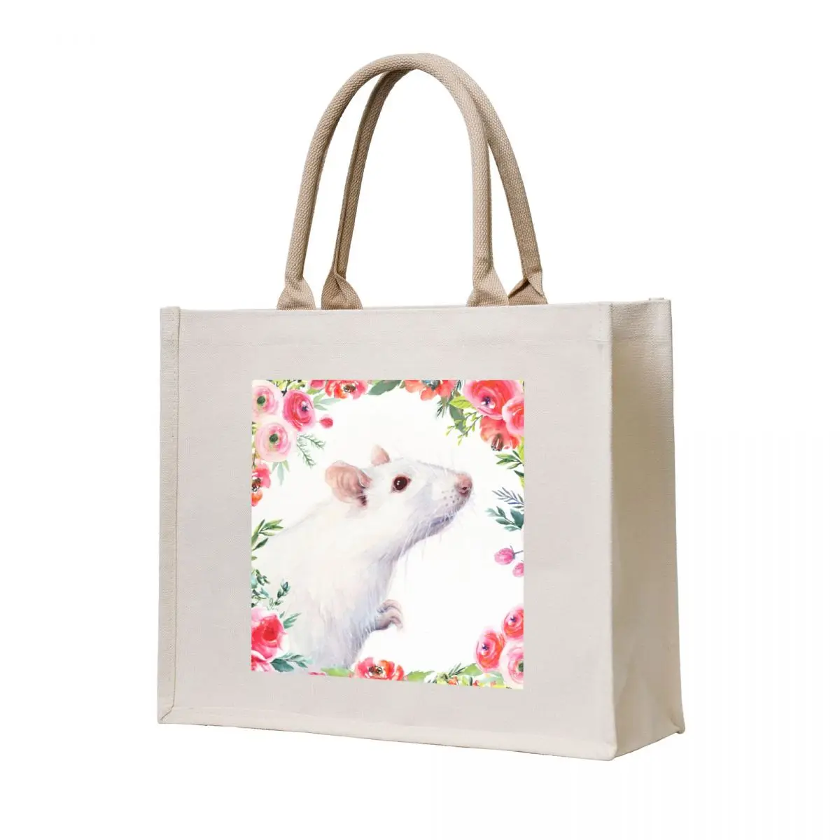 

White Rat and Red Flowers Watercolor Floral Animal Tote Bag sac pour femme Women's bags eco bag folding Reusable bags