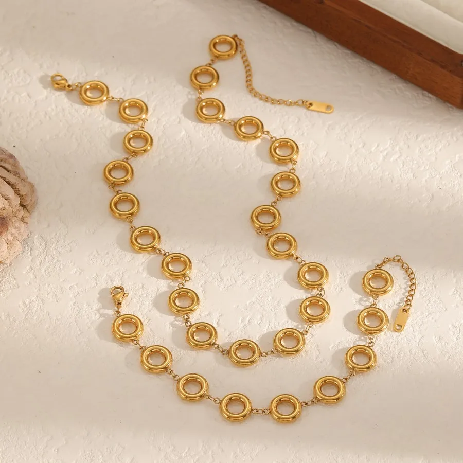 Modisches Edelstahl-Armband- und Halsketten-Set mit kleinen runden Ringen, 18K vergoldet, Schmuck, Mädchen-Handgelenk-Accessoires, Geschenke – Detail 1