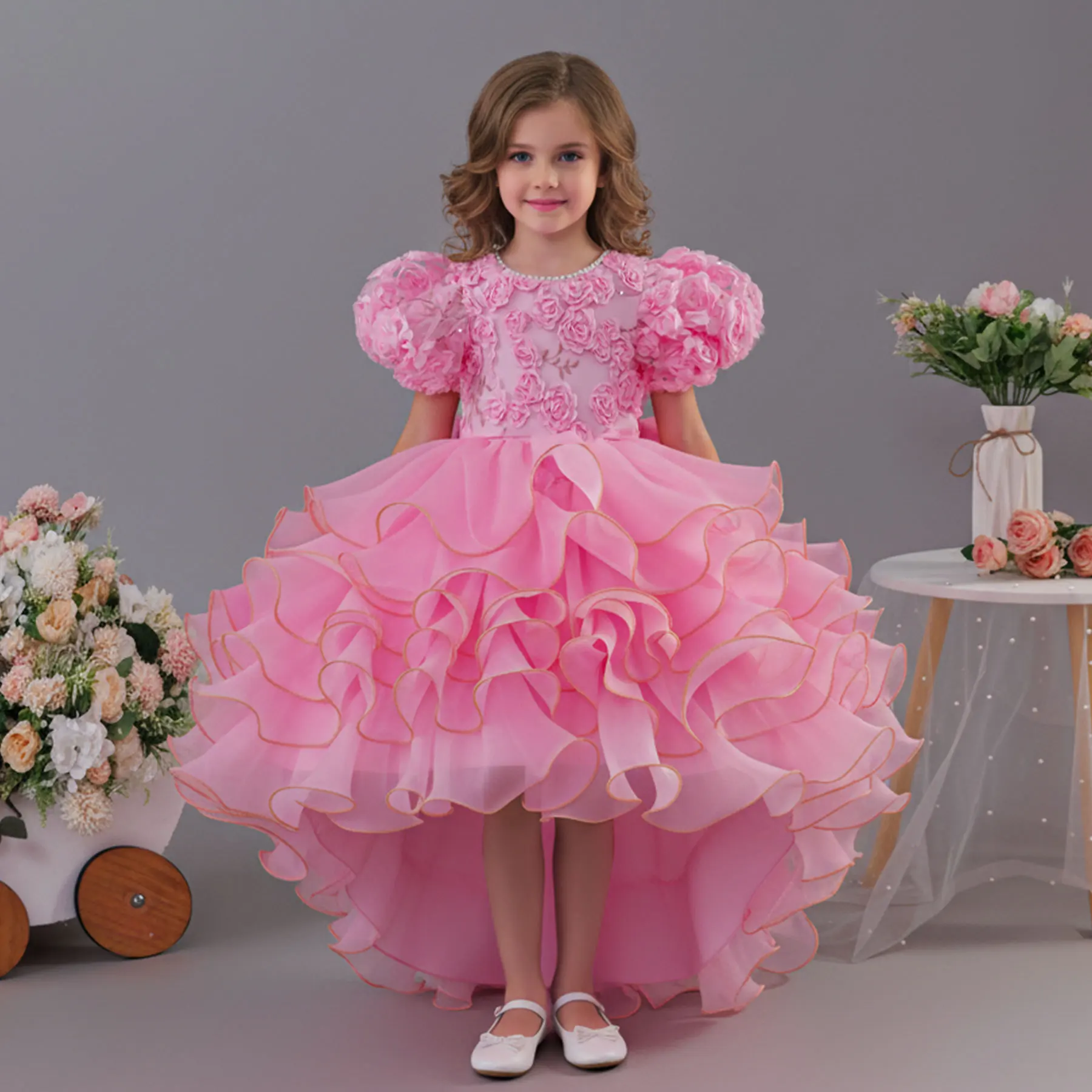 Vestido de festa de aniversário de princesa para crianças com mangas bufantes e saia de bolo vestido formal infantil vestido de menina de flor