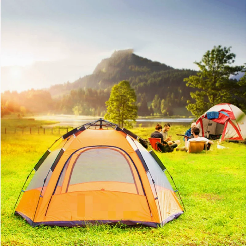Hexagon 2 Layer Pop-Up Tent 4-5 Person Windproof Waterproof Instant Setup Mesh Vents Camping Beach Use Outdoor Shelter