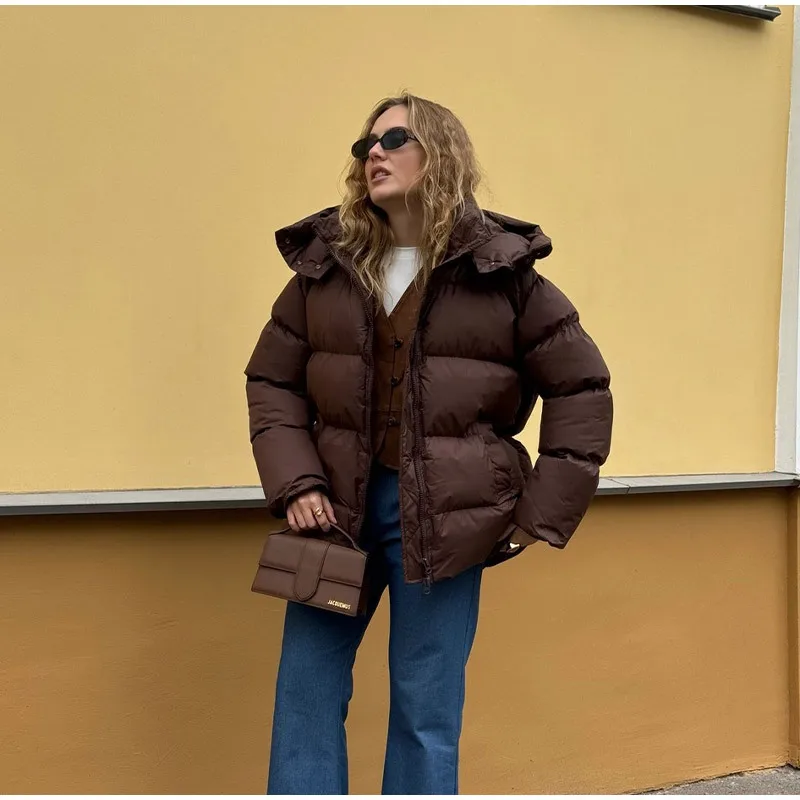 

Fashion Solid Color Hooded Cotton-Padded Jacket Women's Retro Winter Coat All-Match Style for Casual Occasions