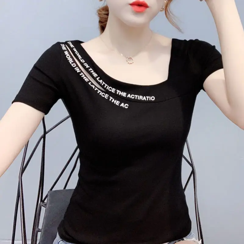 Short Sleeve Solid Hollow Out Slim Tops Tees Summer New Letter Printing Irregular Fashion T Shirts Casual Trend Women Clothing