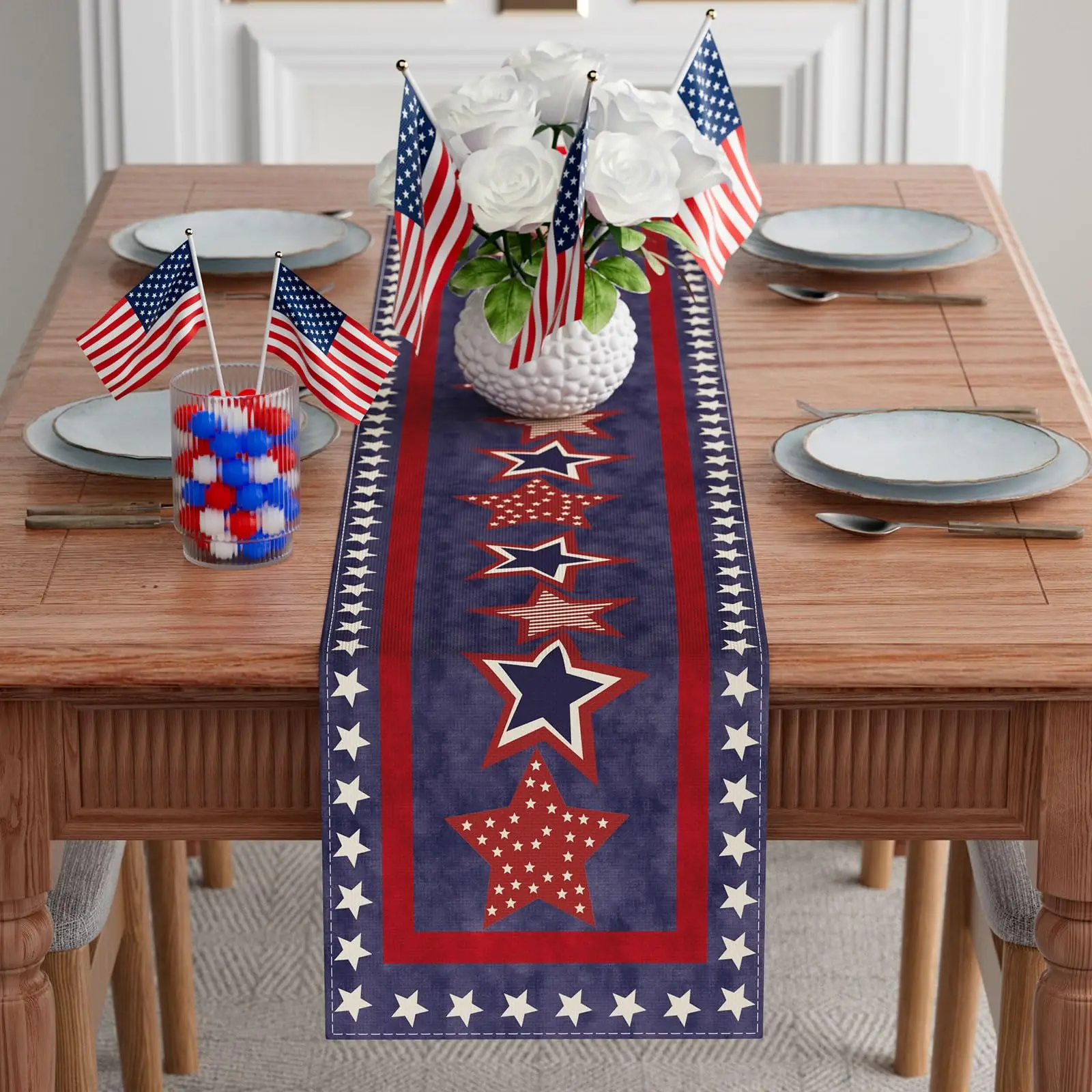 Blue Patriotic Red White Stars America 4th of July Memorial Day Independence Day Table Runner Decor for Kitchen Holiday Party