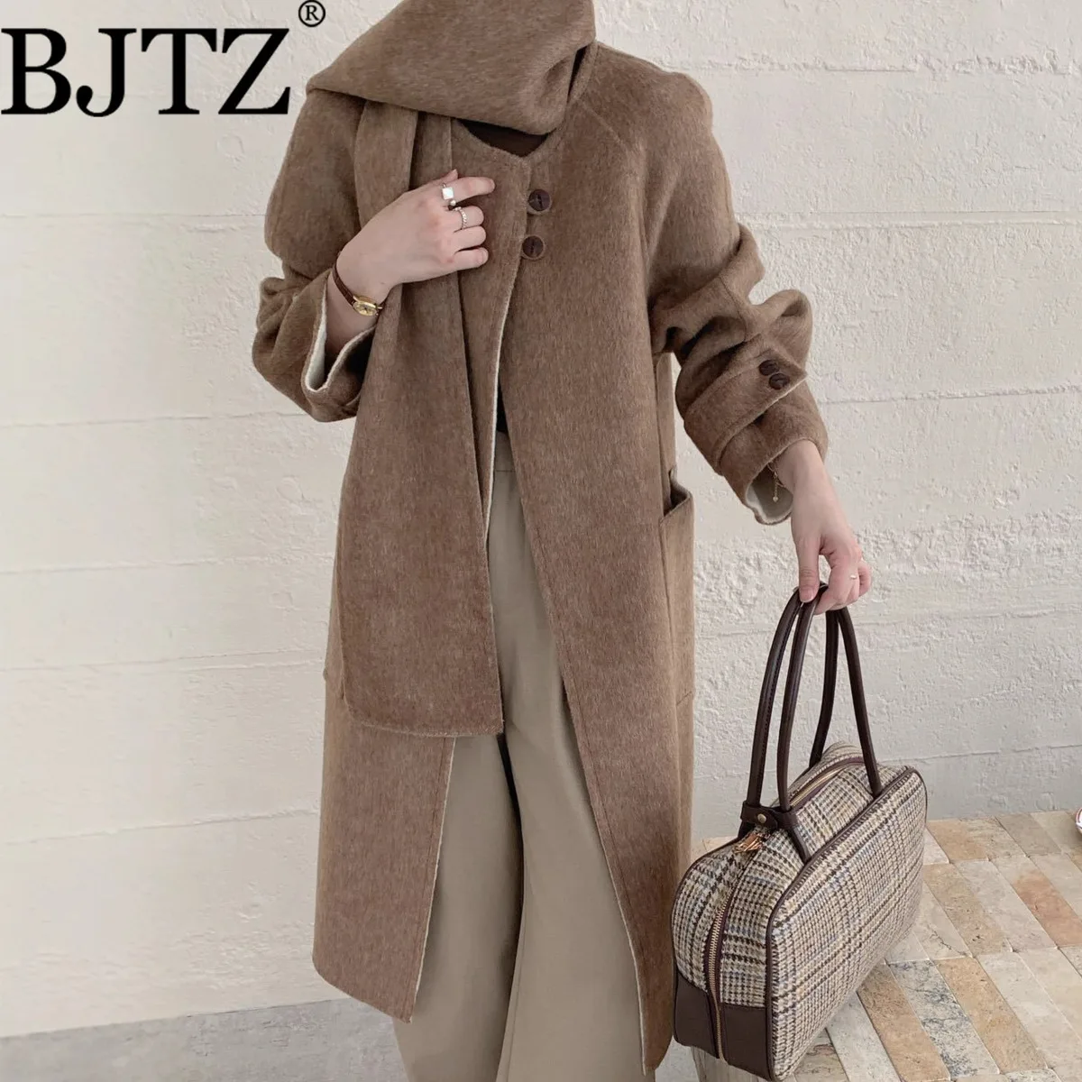 

Свободное зимнее новое длинное женское шерстяное пальто в корейском стиле на шнуровке, элитное шерстяное пальто, шарф, интегрированное двустороннее шерстяное пальто для женщин