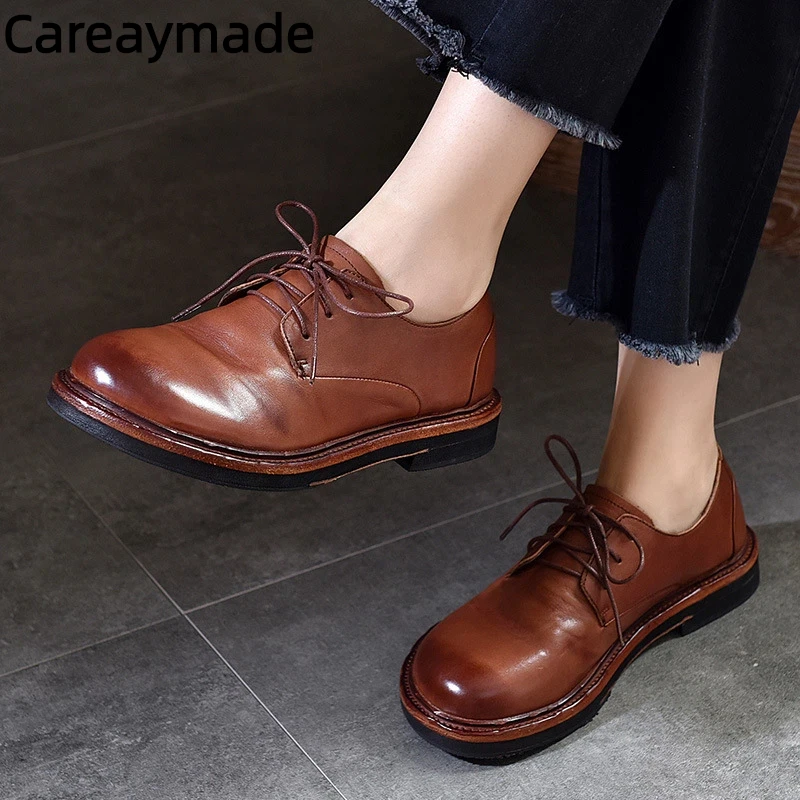 Careaymade-Genuine Leather wide toe women's shoes,Washed cowhide British style small leather women shoes deep mouth single shoes