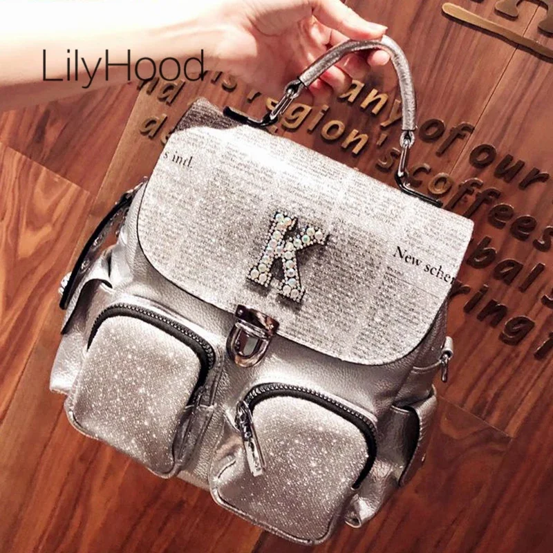 Female Casual News Paper Printing Iridescent Rhinestone Backpack Women Vegan Leather Travel Shiny Multi Pockets Daily Bagpack