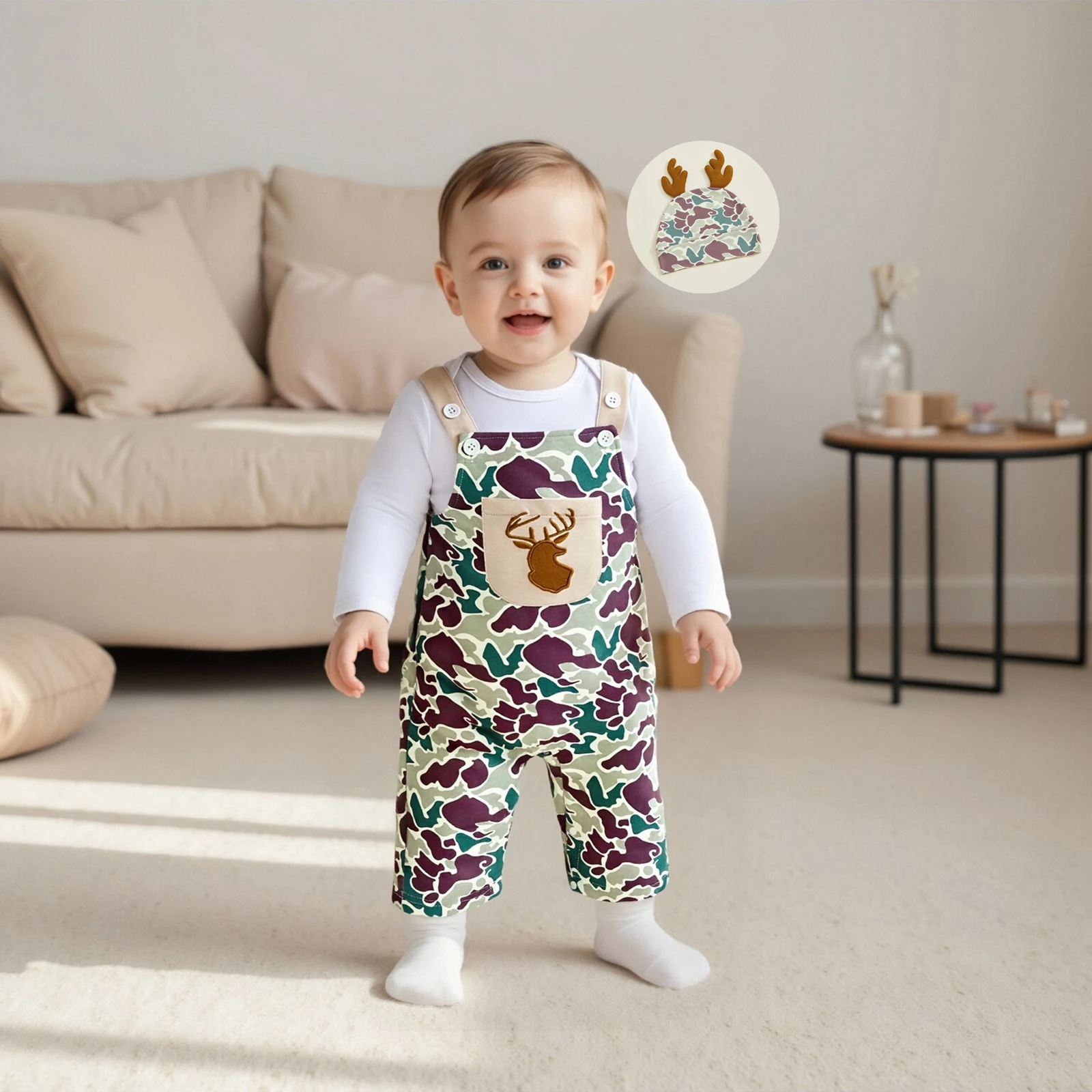 2026 السنة الجديدة الشتاء بيبي بوي الخريف الزي الصلبة طويلة الأكمام رومبير عيد الميلاد كامو عموما السراويل وقبعة 3 قطعة مجموعات الطفل