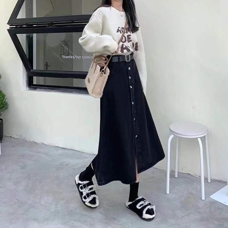 Women's Vintage Black Denim A Line Skirt Single Button Closure Slimming Versatile Trendy Summer Fashion