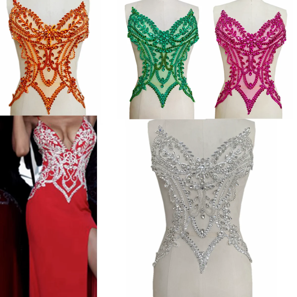 

Embroidered Hand-Sewn Multicolor Crystal Sequin Hollow Appliqued Patches DIY Bridal Evening Dress Decoration and Trims Fabric