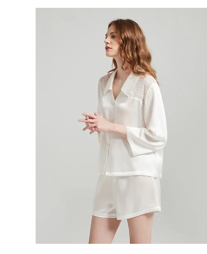 

100 Mulberry Silk Pajamas Suit Sexy Lace Women's Summer Pijama Lapel Female Sleep Two Piece Set Three-quarter Sleeve Shorts Set