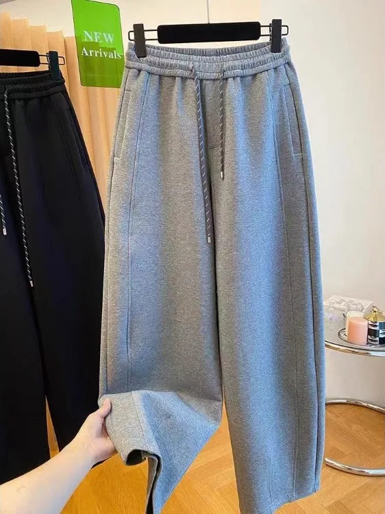 

plus Size Grey Casual Sports High Waist Wide Leg Pants Women's Autumn Trendy Slimming Versatile Nine-Tenths Length Trousers