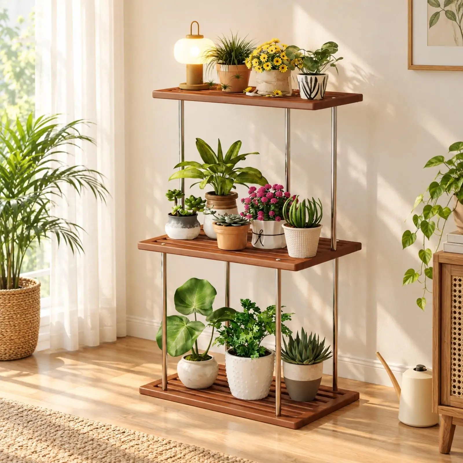 Three-Tier Bamboo Plant Rack Stable Bamboo Storage Rack with Stainless Steel Posts Multi-Level Plant Display Shelf Sturdy