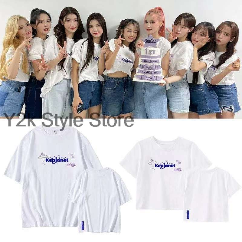 

Kep1er FM 100% cotton T-Shirt Print Harajuku Graphic Female Kawaii Short Sleeve Concert short sleeved cotton with exposed navel