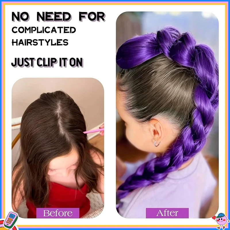 KPop 데몬 헌터즈 루미 코스튬 헤어스타일 26인치 롱 포니테일 가발 클립 포함 합성 브레이드 퍼플 헤어 어린이 소녀용