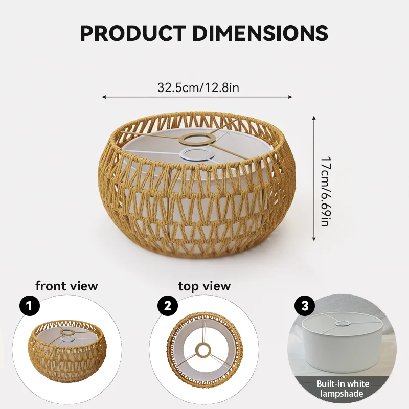 Bohemian Handmade Hollow Woven Natural Paper Rope Drum Shade Lamp Diffused Warm Light for Living Bedroom Farmhouse Lighting
