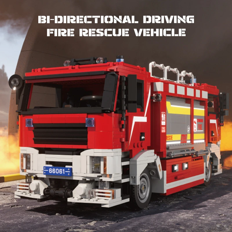 66061 Bi‑Directional Rescue Fire Truck Building Blocks Special Vehicle Model Openable Storage Cabin DIY Bricks Toy For Teens