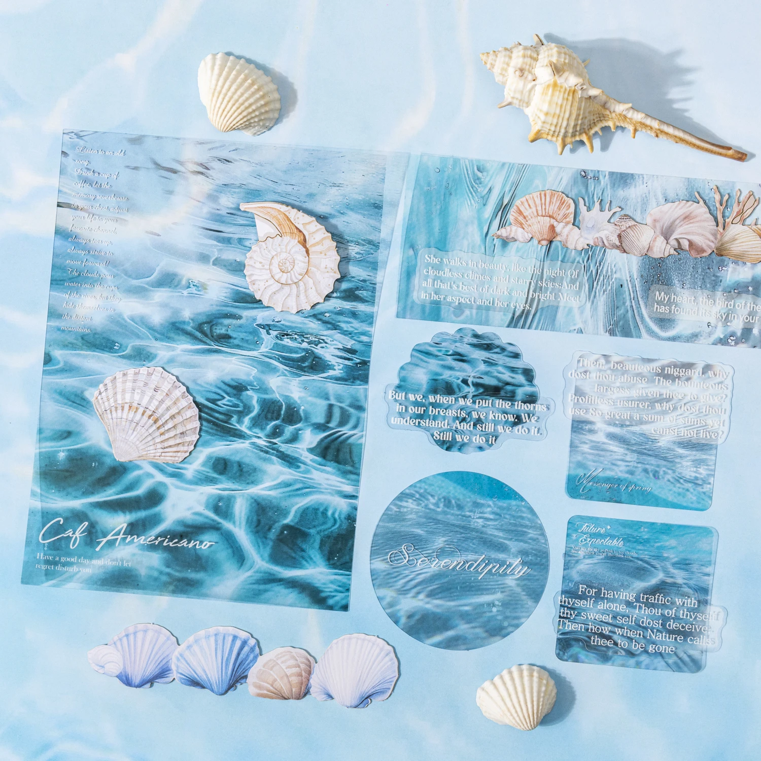 25 Sheets Blue Ocean Theme Dual Texture Sticker Pack for Scrapbook DIY Photo Frame Collage Journal Decoration