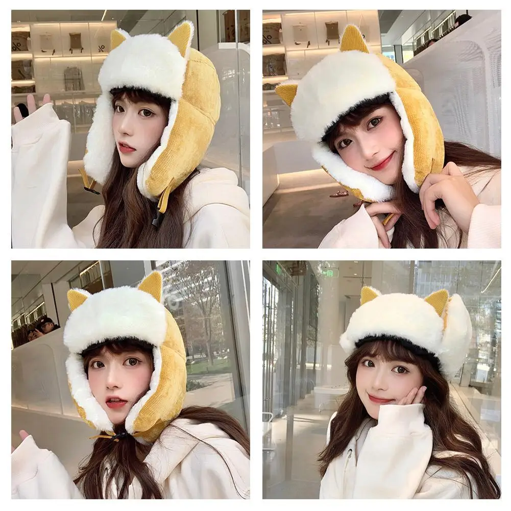 Stylish Cat Ear Lei Feng Hat for Men Women Plush Thickened Warm Cap for Outdoor Riding Windproof Ear Protection Hat H9D8