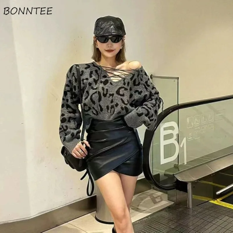 

Cropped Pullovers Women Retro Leopard Printing Bandage Design V-neck Sweaters All-match Harajuku Fashion Casual Daily Tender