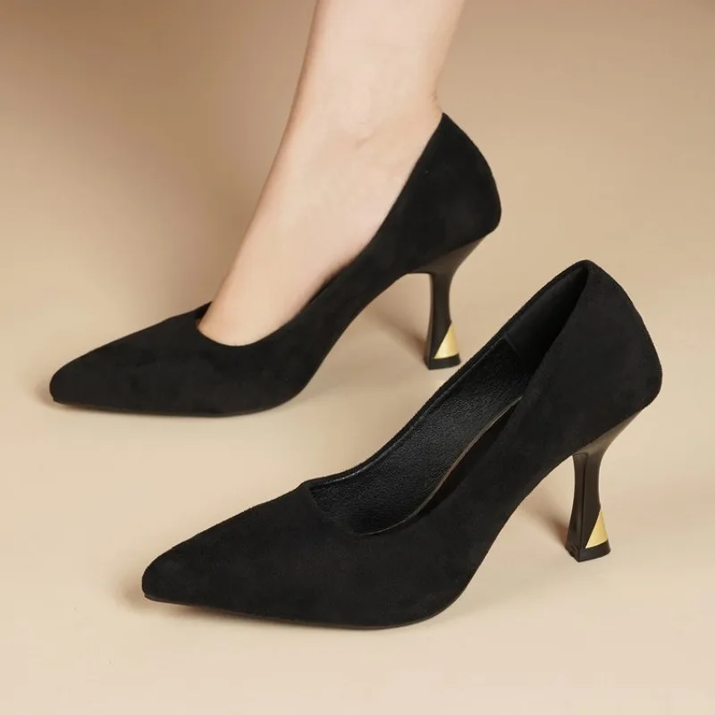 

Women's Black Pointed Toe Stiletto Heels, Elegant Suede Pump Shoes with Gold Tip Heel, Party Office Dress Heels