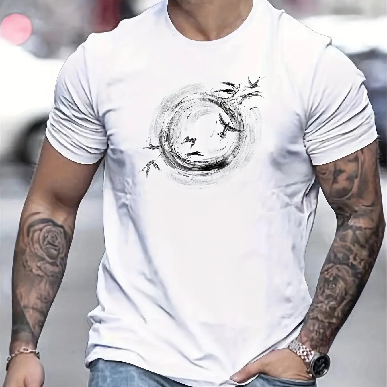 

Мужская футболка с минималистичным круглым дизайном птицы, повседневная повседневная футболка на осень, дышащая повседневная мужская одежда, удобная