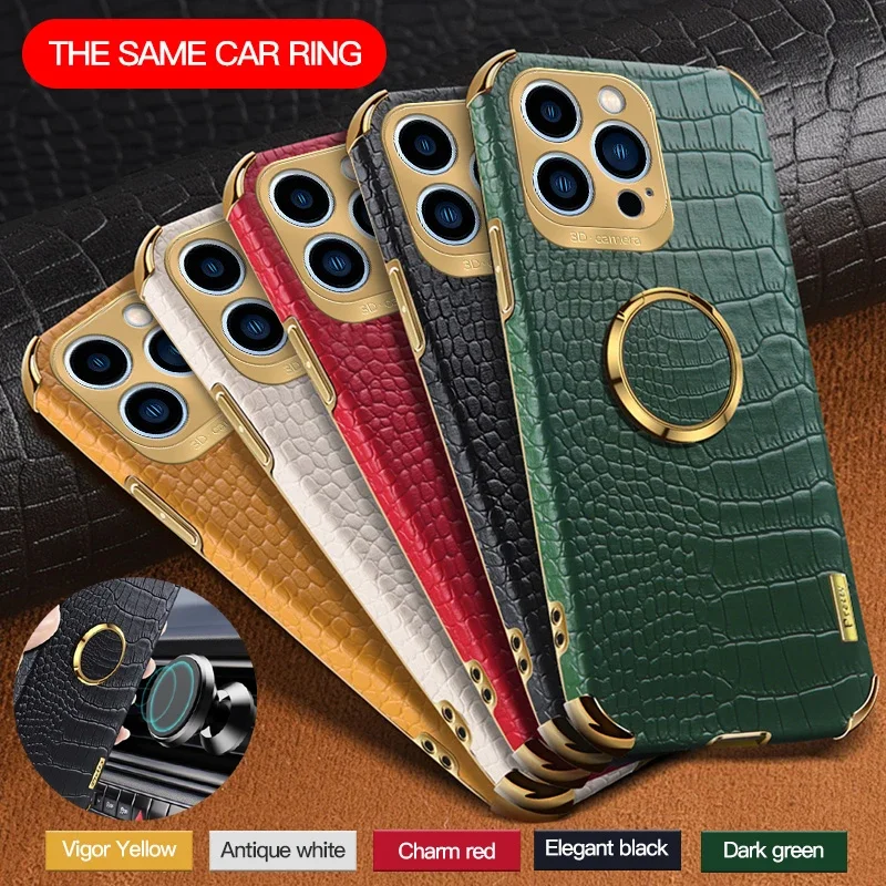 

Для iPhone 13 12 mini 14 Plus 11 15 Pro Max Мягкий чехол из крокодиловой искусственной кожи противоударный магнитный держатель с кольцом Чехлы для телефонов
