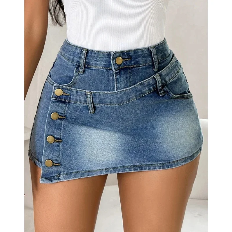 

Retro Denim Shorts 2024 Women's Washed Distressed Design with Buttons High Waisted A-Line Denim Skirt Pants Personalized Jeans