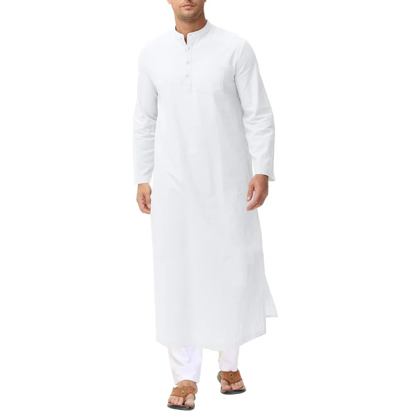 

Kaftan for Men Long Sleeve Caftan Thobe Side Split Muslim Robe Button Down Long Gown Tunic Shirts
