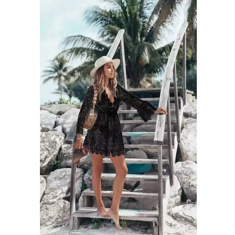 Sexy Hollow Out Flower Lace Mini Beach Dresses For Women Deep V-neck Low Cut See Through Beachwear Dress Casual Elegant 2023 New