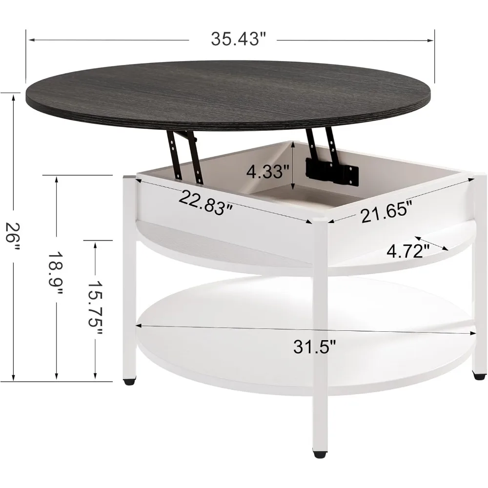 Grande table basse ronde de ferme avec rangement et compartiments cachés, table à manger blanche, 2 niveaux, en effet, 35.43