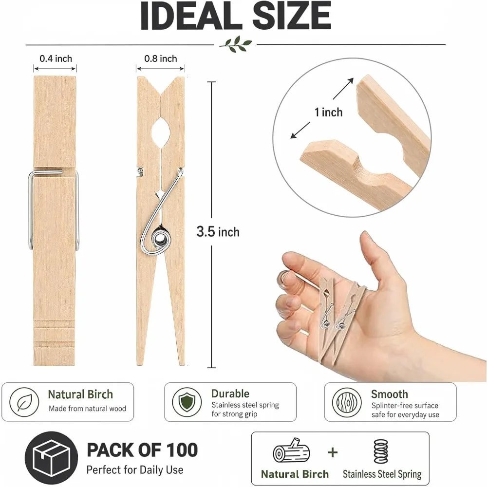 Natural Wood Clothespins 100 Pack, 3.5