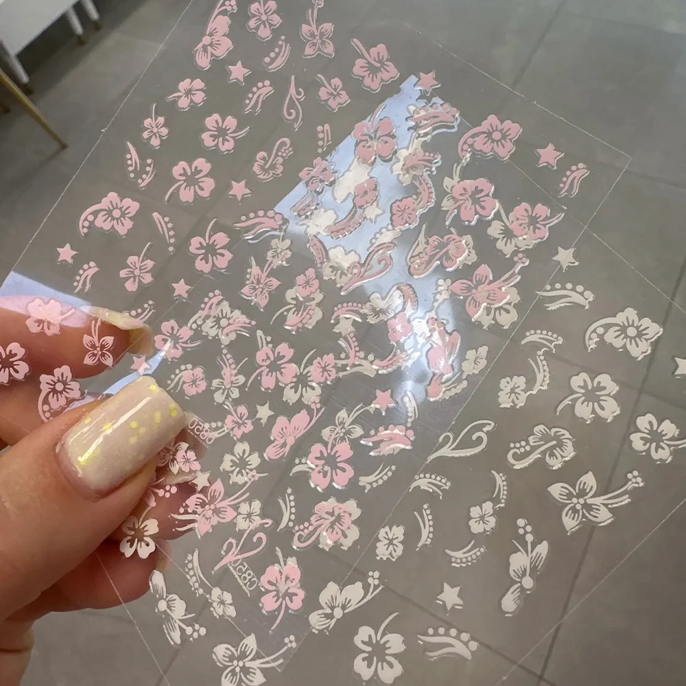 2 Lenzuola 3D Fiori di Ibisco Adesivo per unghie Rosa Bianco Y2k Autoadesiva Ibisco Floreale Unghie artistiche Forniture Decalcomania Manicure FAI DA TE Decor