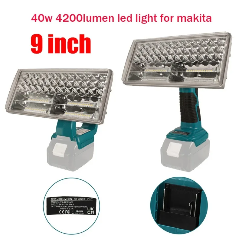 9 inch 40W LED Work Light  For Makita18V/20V Lithium Battery 3 Modes LED floodlight Indoor Outdoor Spotlight Flashlight With USB