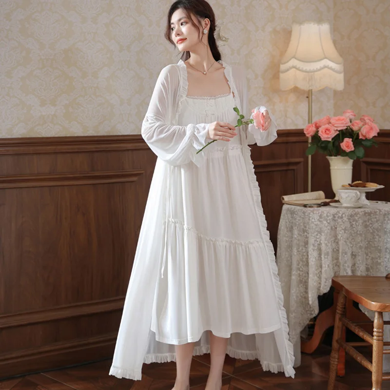 

Long Sleeve Nightgown for Women Autumn with Chest Cushion Camisole Skirt Princess Pajamas French Mesh Morning Gown Home Suit Set