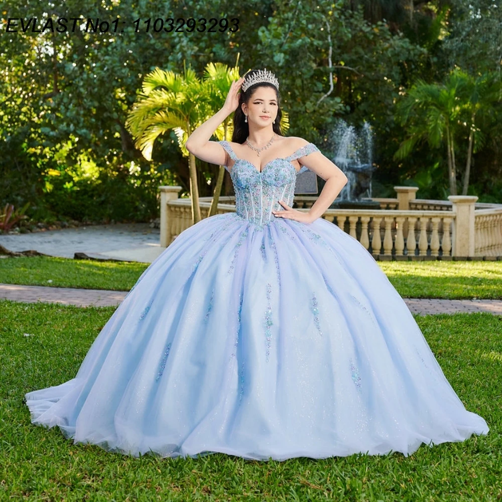 

EVLAST Customized Sky Blue Ball Gown Quinceanera Dress Lace Applique Beading Party Gown Sweet 16 Vestidos De 15 Anos E1Q696