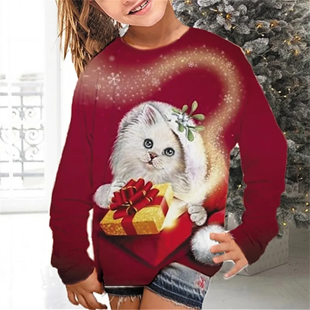 Kids Clothes Girl T-Shirt Long Sleeve Christmas 3D Cat Print Children Spring Fall Clothes Casual Round Neck Girl Clothes Tops