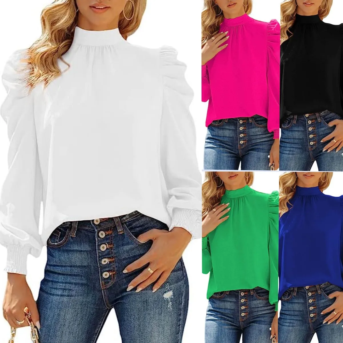 Damen Puff ärmel Blusen verspotten High Neck Plissee Top Bluse elegante Langarmhemd einfarbige Pullover Shirts