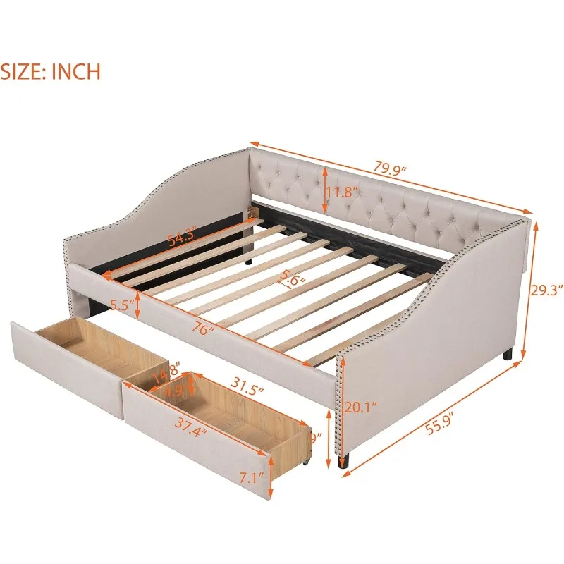 Upholstered Full Daybed with Two Storage Drawers, Full Size Button Tufted Sofa Bed Daybed with Nailhead Trim and Wood Slat Suppo