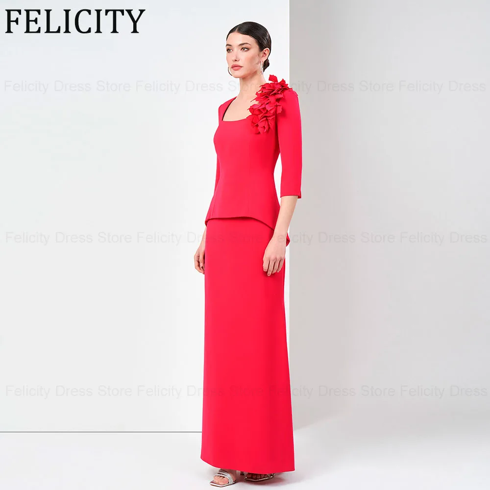 

Red Simple Mother of the Bride Dresses 2024 Sheath Square Formal Wedding Guest Dress 3D Applique Ankle-Length Party Evening Gown