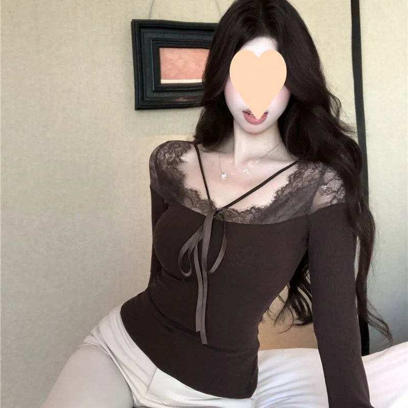 

Women Sheer Lace Patchwork Slim T Shirt 2025 New Spring Fashion Knitted Short Sweater Top Black White Long Sleeve Bottom Shirt