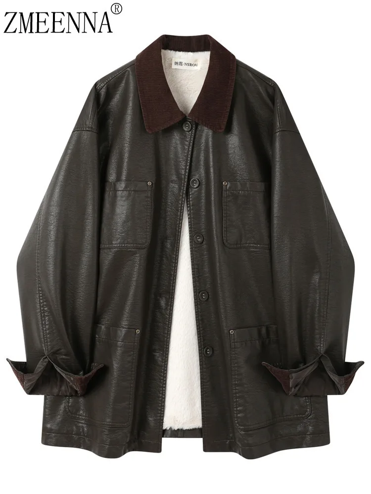 

ZMEENNA женское пальто из искусственной кожи на подкладке из шерпы, зимняя верхняя одежда с вельветовым воротником и длинными рукавами, темно-коричневый ZM4485