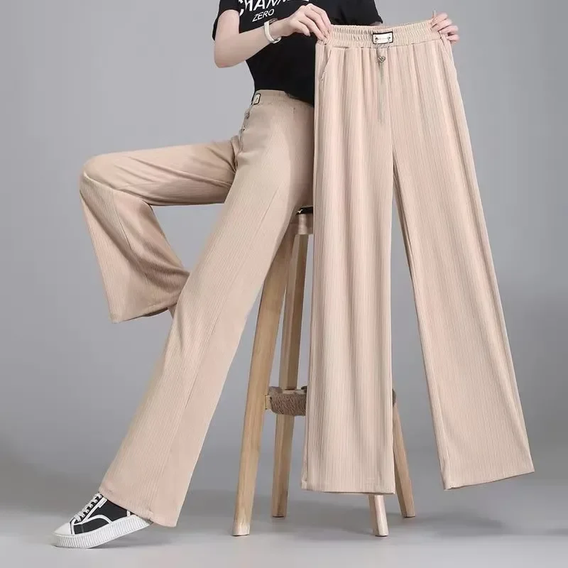 Draped Ice Silk Wide Leg Pants Women's 2024 Summer Thin High Waist Elastic Comfortable Loose All-match Straight Casual Pants