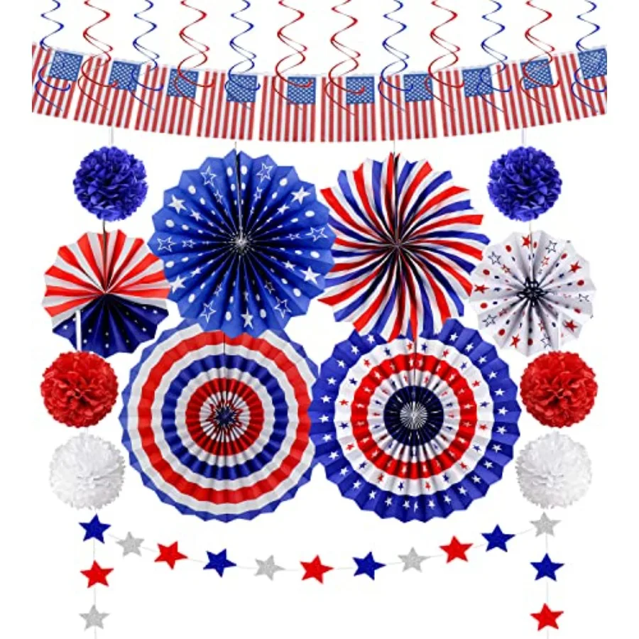 26Pcs 4th of July Decorations Patriotic Decor USA Flag String Red White Blue Paper Fans Star Streamer Pom Poms Hanging Swirls f
